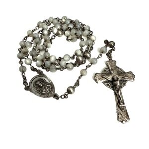 Creed Sterling Silver 925 Rosary Necklace Crucifix with White Beads 17.5" Long